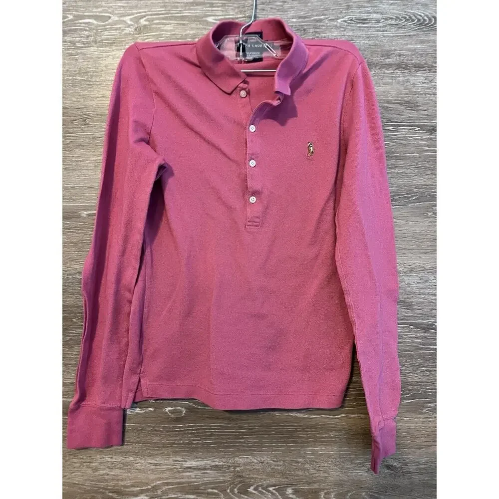 Ralph Lauren Polo Girl kids Top Medium Pink Polo Shirt Logo Long Sleeve Great